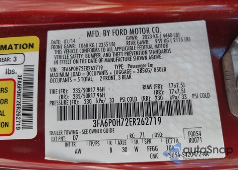 2014 Ford Fusion Se z USA, uszkodzony, nr VIN 3FA6P0H72ER262719